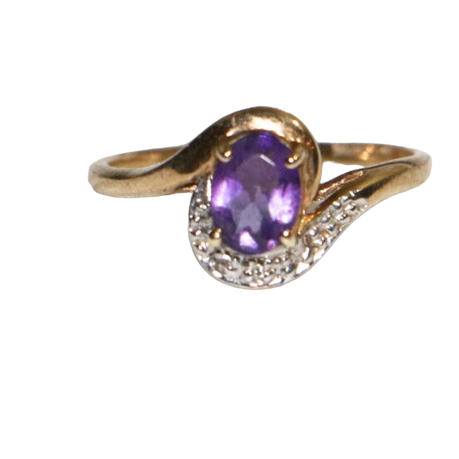 10k Yellow Gold Oval-Shaped Amethyst Ring With Clear Stone Accents - Size 6.5